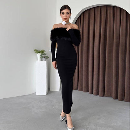 Onyx Fur Midi Dress - Black