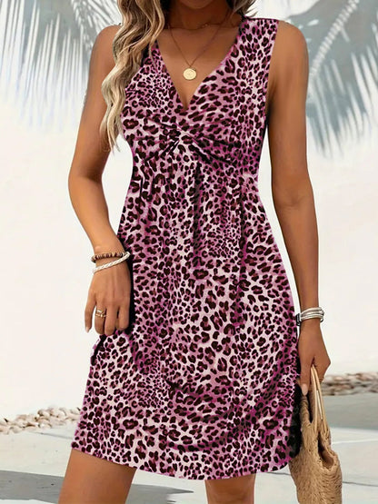 Leopard Print Knot V-neck Sleeveless Mini&Short Dresses