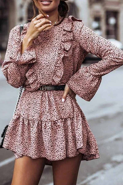 Spotted Print Ruffle Front Bell Sleeve Belted Tiered Mini Dress