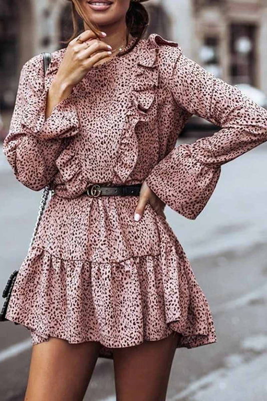 Spotted Print Ruffle Front Bell Sleeve Belted Tiered Mini Dress