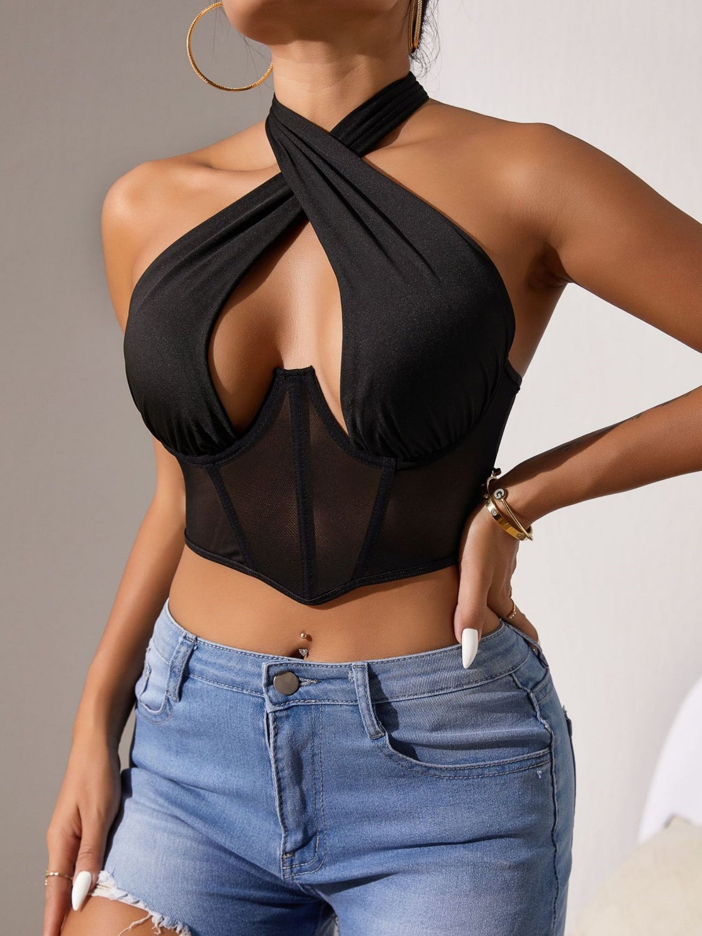 Mesh See-through Cross-neck Steel Ring Fishbone Bra