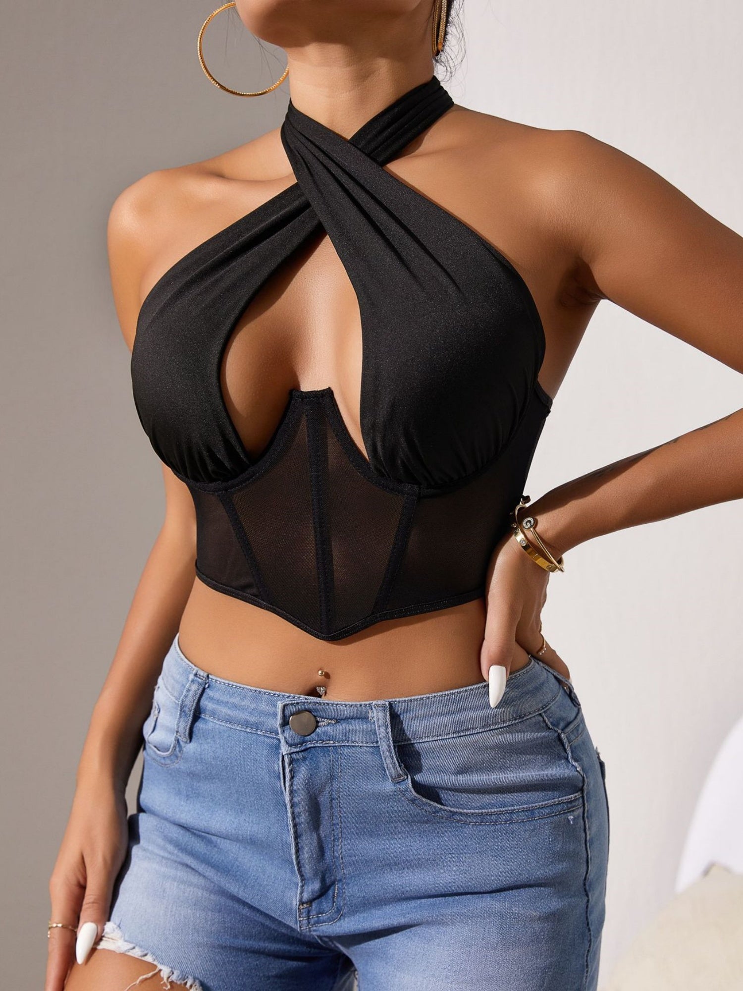 Mesh See-through Cross-neck Steel Ring Fishbone Bra