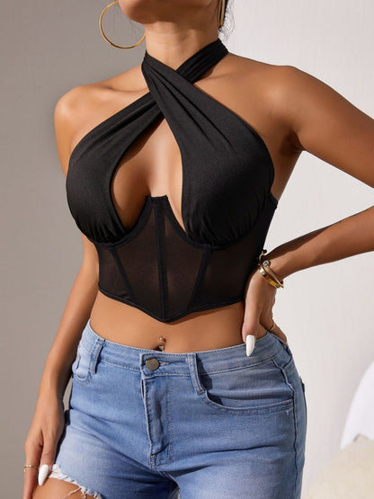 Mesh See-through Cross-neck Steel Ring Fishbone Bra