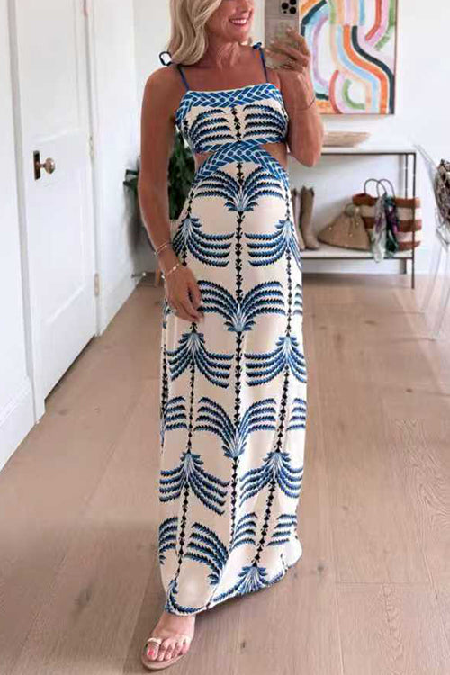 Margovil Tie Shoulder Cut Out Waist Printed Maxi Dress