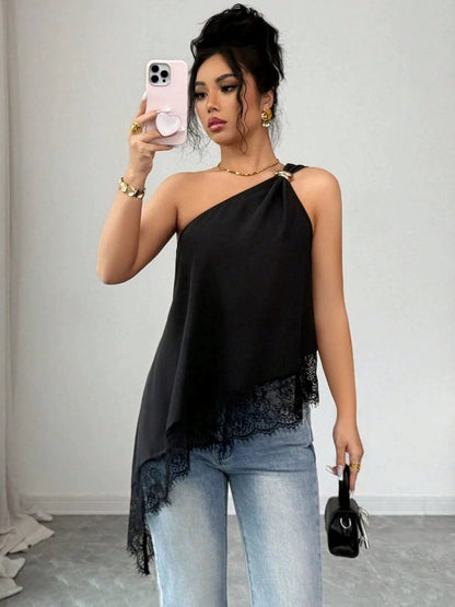 Irregular Hem Lace Stitching Sloping Shoulders Metal Tank Tops&Camis