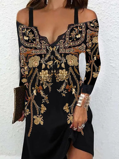 Cold Shoulder Lace Trim Ornate Floral Print Long Sleeve Mini Dress