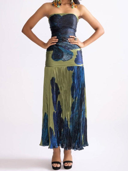 Strapless Ruched Bodice Abstract Print Plisse Pleated Maxi Dress