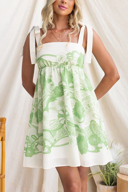 Margovil Bow Shoulder Sleeveless High Waist Floral Print Mini Dress