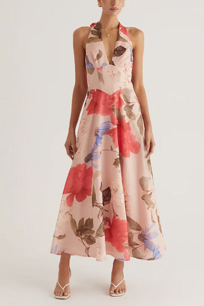 V Neck Halter Back Lace-up Floral Print Maxi Dress