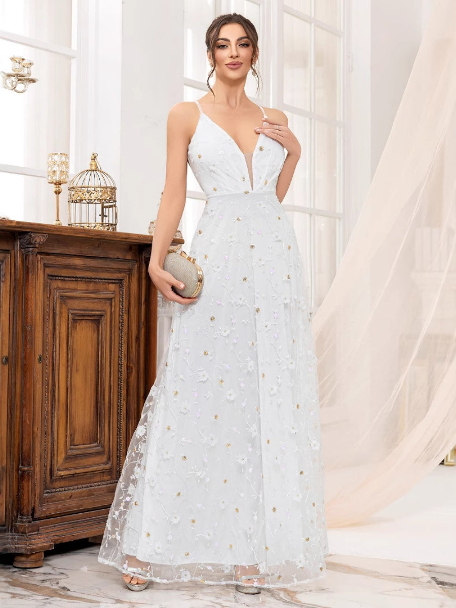 Deep V-neck Wedding Dress Applique Multi-story Maxi Dresses