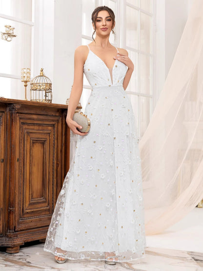 Deep V-neck Wedding Dress Applique Multi-story Maxi Dresses