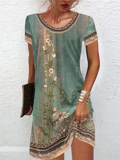 Round Neck Short Sleeve Floral Border Print Tapestry Shift Mini Dress