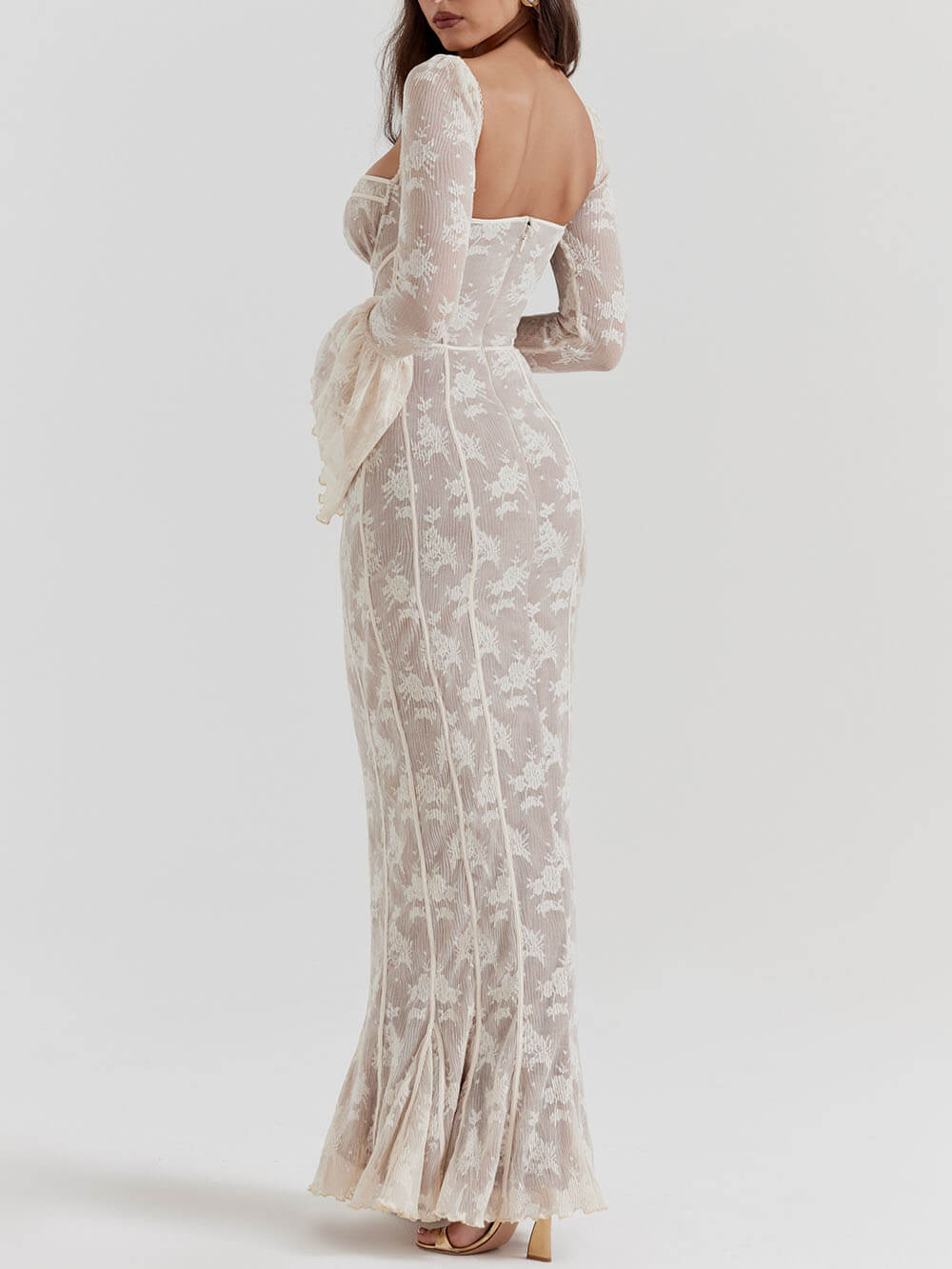 Square Neck Tie Front Bust Long Sleeve Bell Cuff Floral Lace Overlay Mermaid Maxi Dress