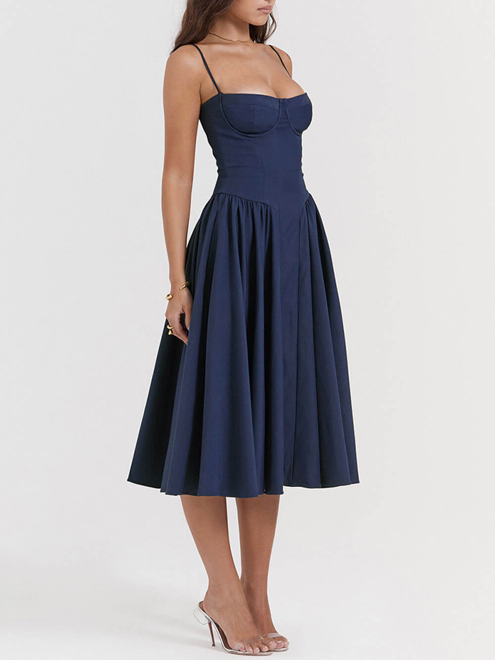 Sweetheart Bustier Spaghetti Strap Dropped Waist Pleated Pocket Midi Dress