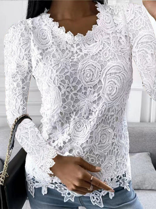 Lace Trim Crew Neck Long-sleeved T-shirt