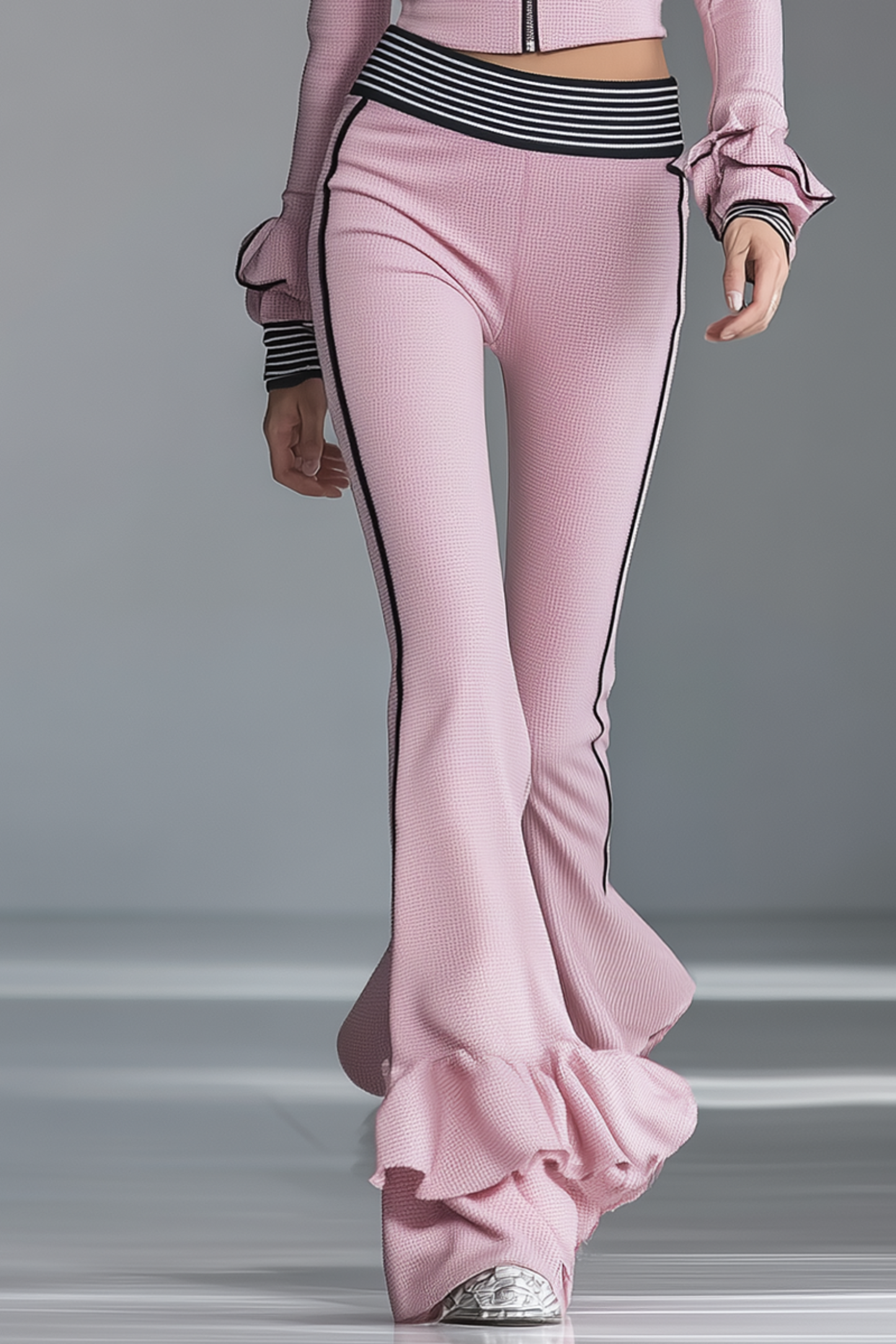 Elegant Sporty Black-Trimmed Pink Flared Pants Set