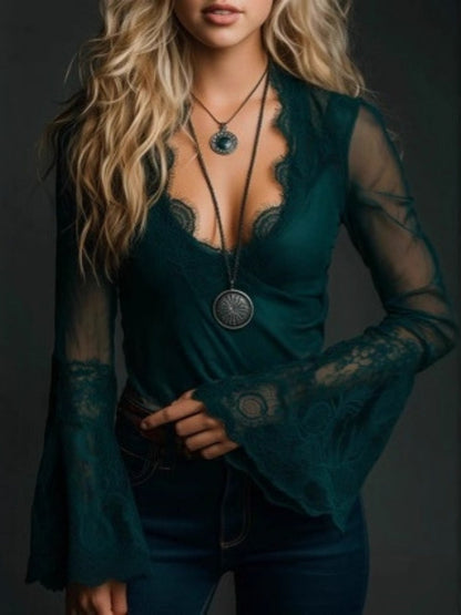 V-neck Lace Sheer Mesh Shirt