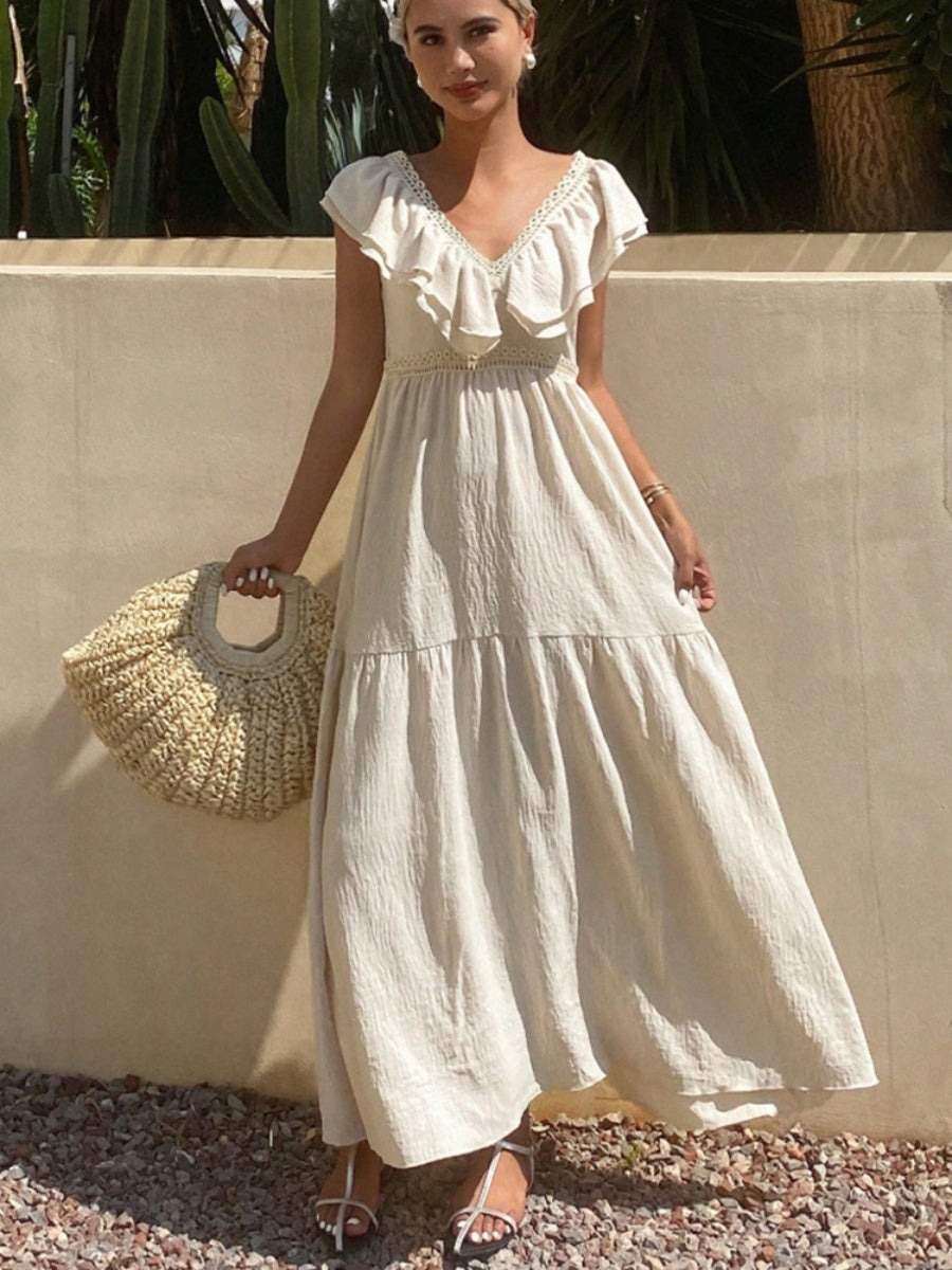 Lace-trimmed Loose-fitting V-neck Apricot Long Dress