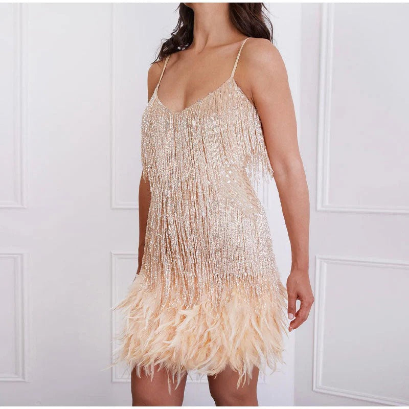 Tiered Beaded Fringe Feather Hem Spaghetti Strap Mini Dress