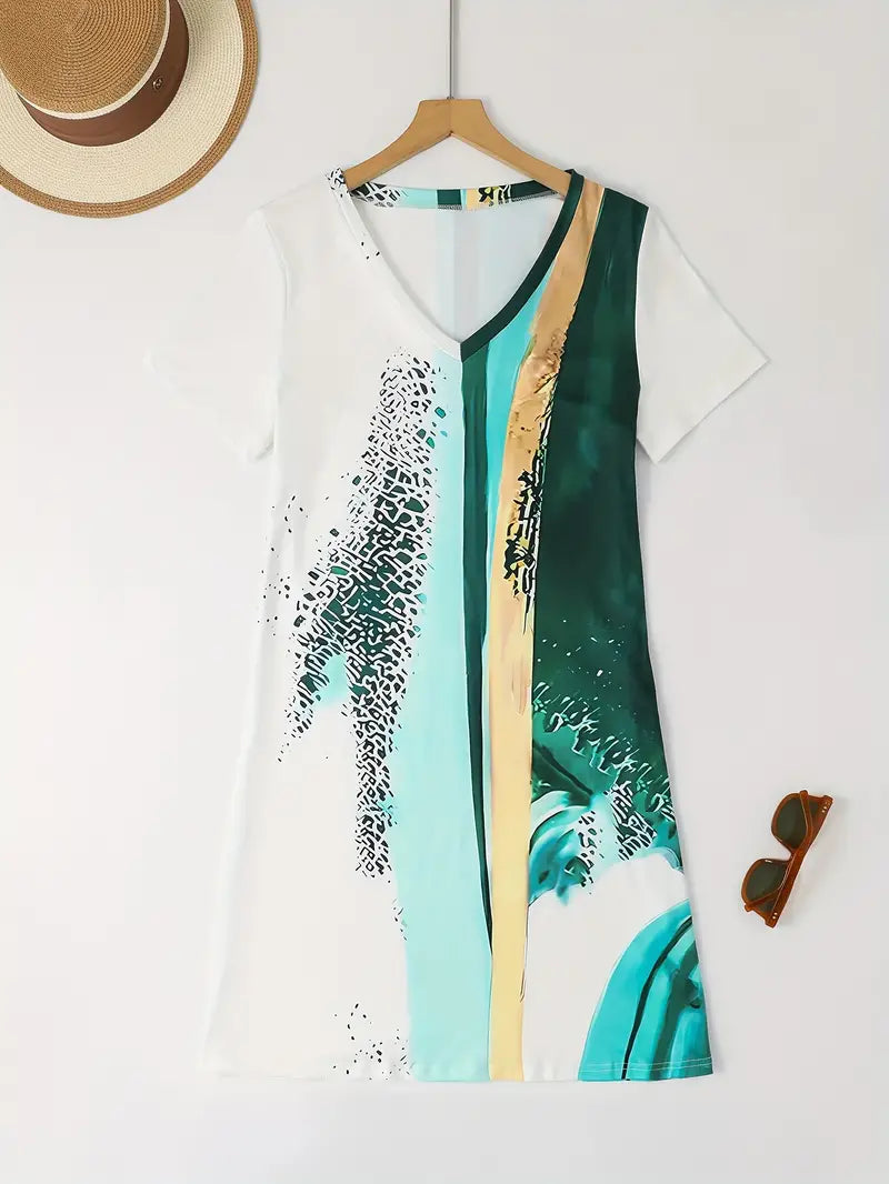 Abstract Colorblock V-Neck Relaxed Fit T-Shirt Mini Dress