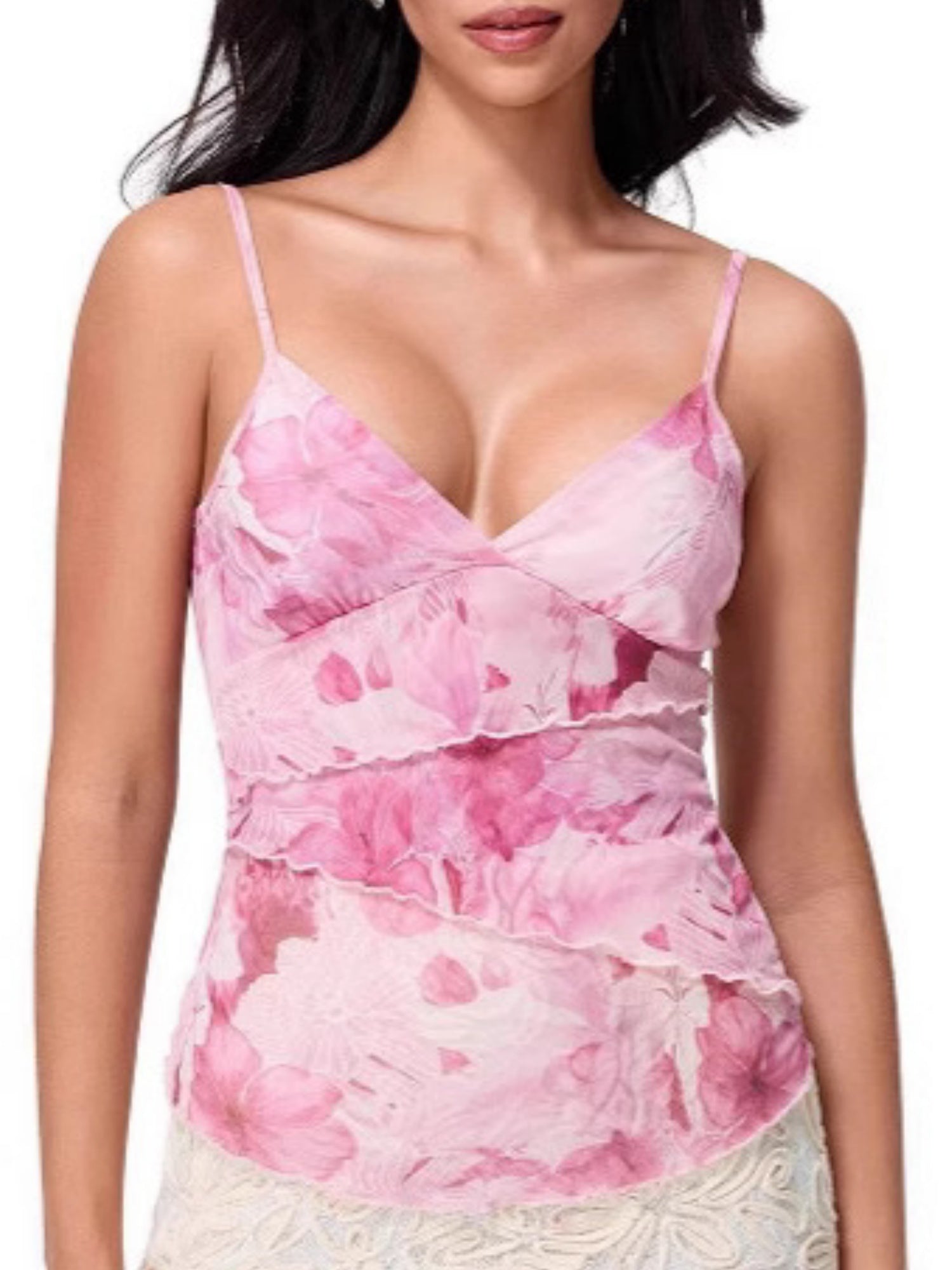 Printed Color Blocking Mesh Splicing Tank Tops&Camis