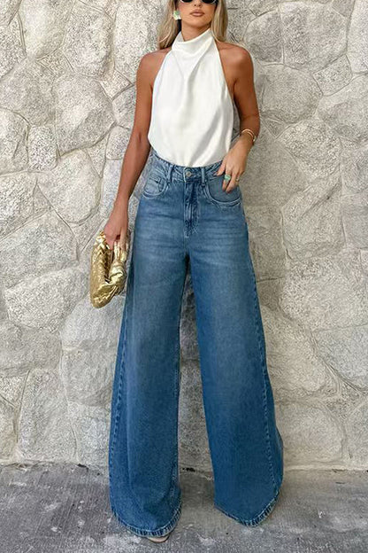 High Waist One Button Pocketed Wide Leg Pants