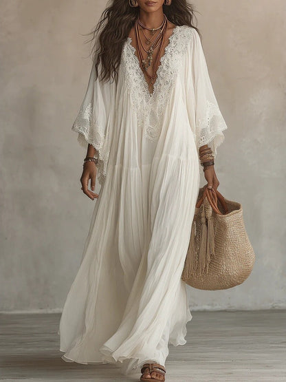 Batwing Sleeves V-neck Lace Stitching Beach Dress Seaside Smock Maxi Dresses