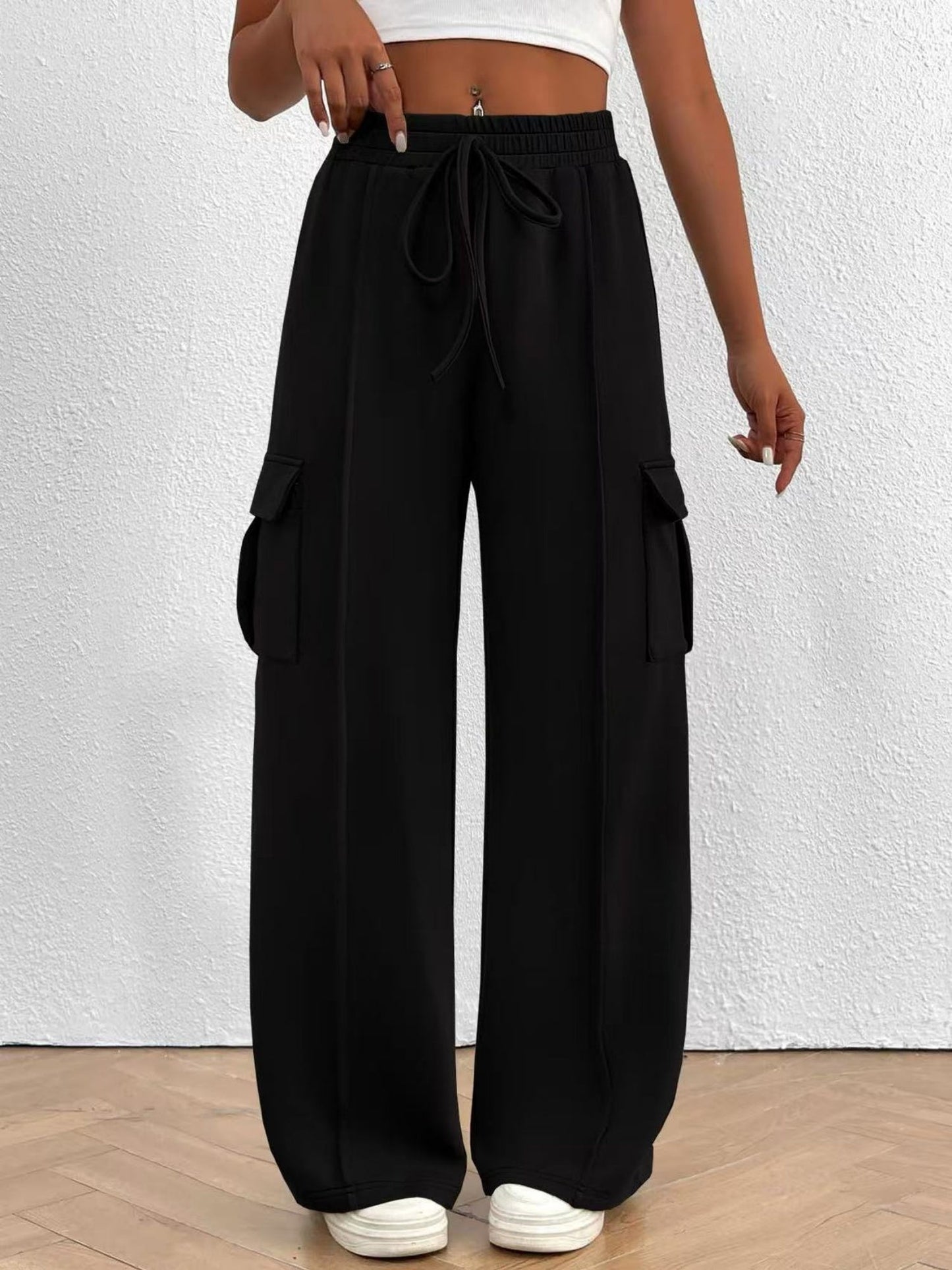 Elastic Waistband Lace Up Pocket Cargo Trousers