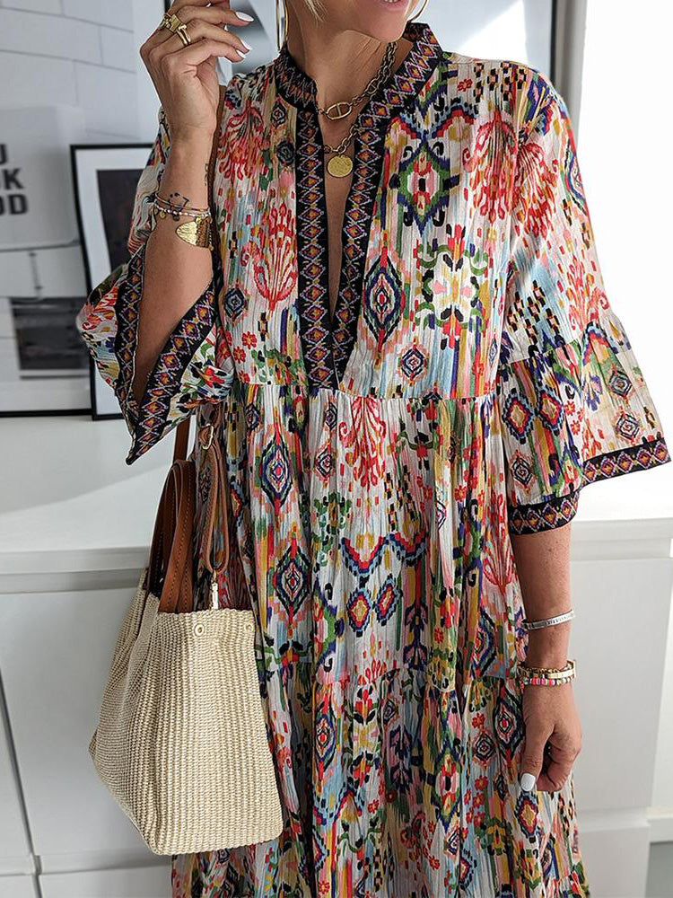 V Neck Bell Sleeve Ikat Print Tiered Midi Dress