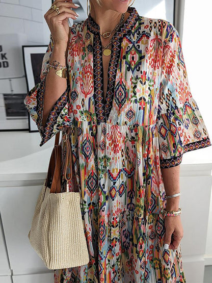 V Neck Bell Sleeve Ikat Print Tiered Midi Dress