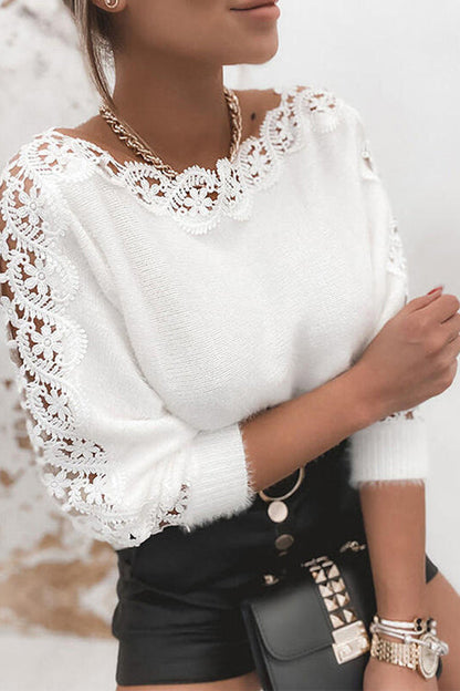 Margovil Hollow Out Lace Splice Long Sleeves Knit Top