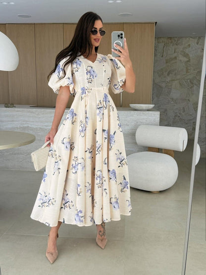 V-neck Puff Sleeve Printed Bandage Large Skirt Vacation And Leisure Maxi Dresses