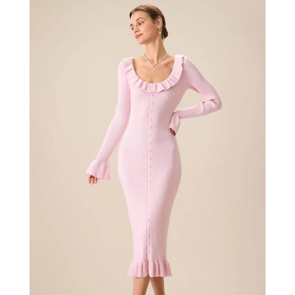 Ruffle Trim Scoop Neck Button Front Rib Knit Midi Dress