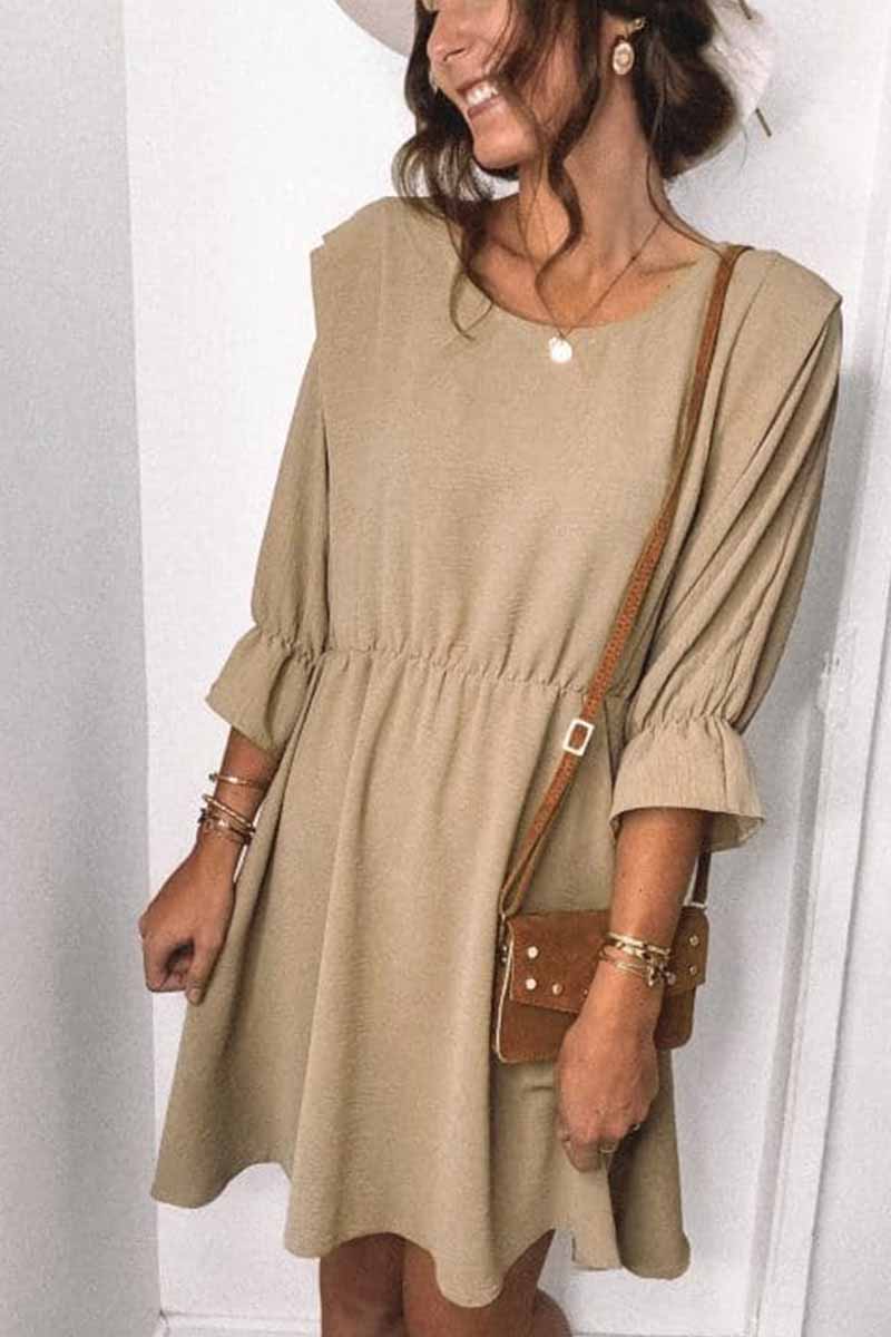 Padded Shoulder Ruffle Cuff Elastic Waist Textured A-Line Mini Dress