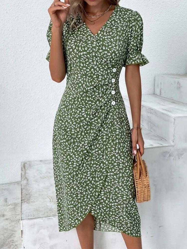 Deep V Neck Puff Sleeve Ditsy Floral Wrap Tulip Hem Midi Dress