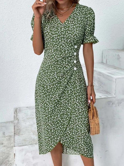 Deep V Neck Puff Sleeve Ditsy Floral Wrap Tulip Hem Midi Dress