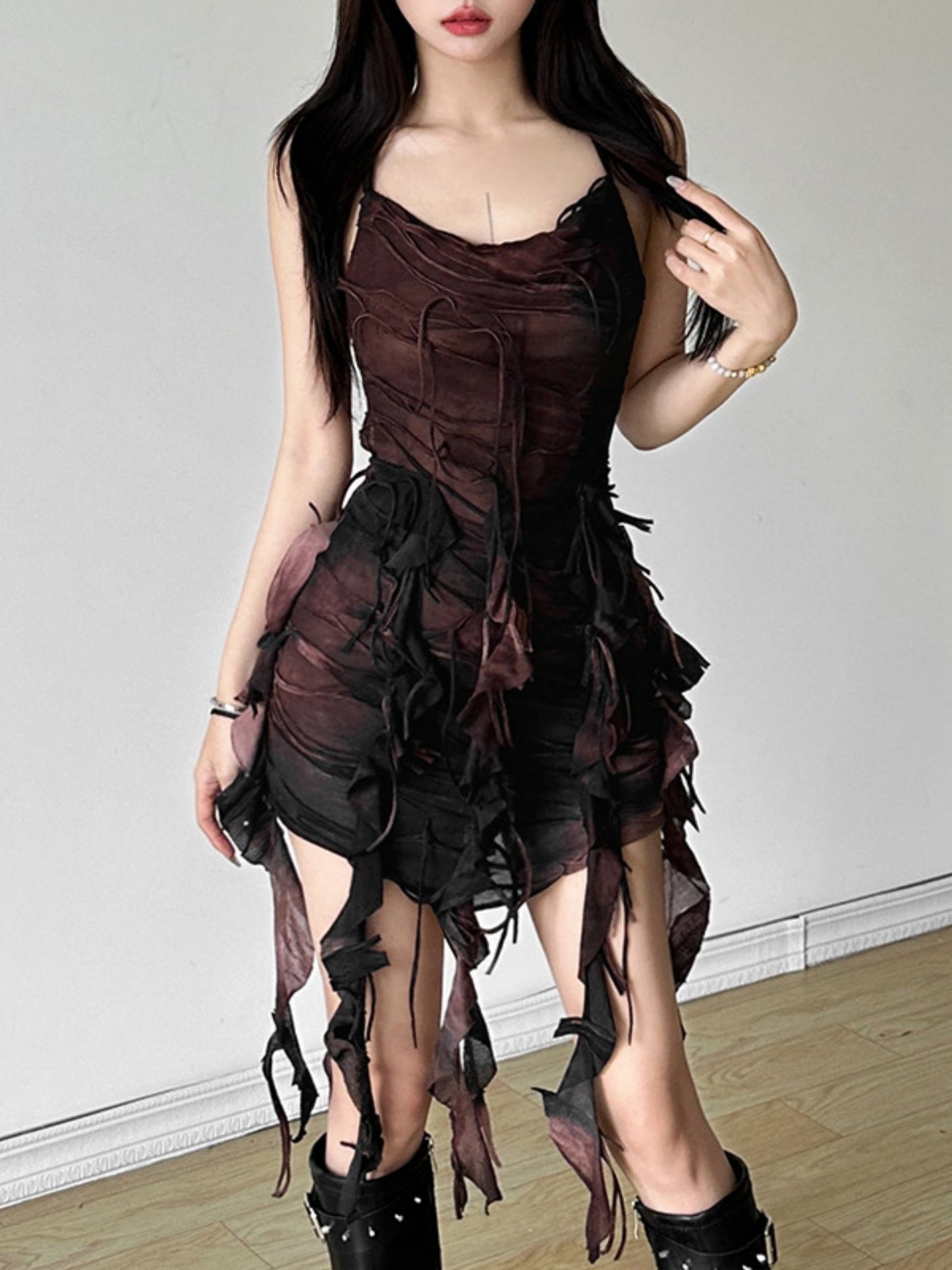 Tie-dye Irregular Ribbon Distressed Mini&Short Dresses