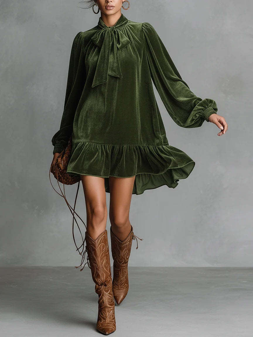 Velvet Bow Long-sleeved Short Dress