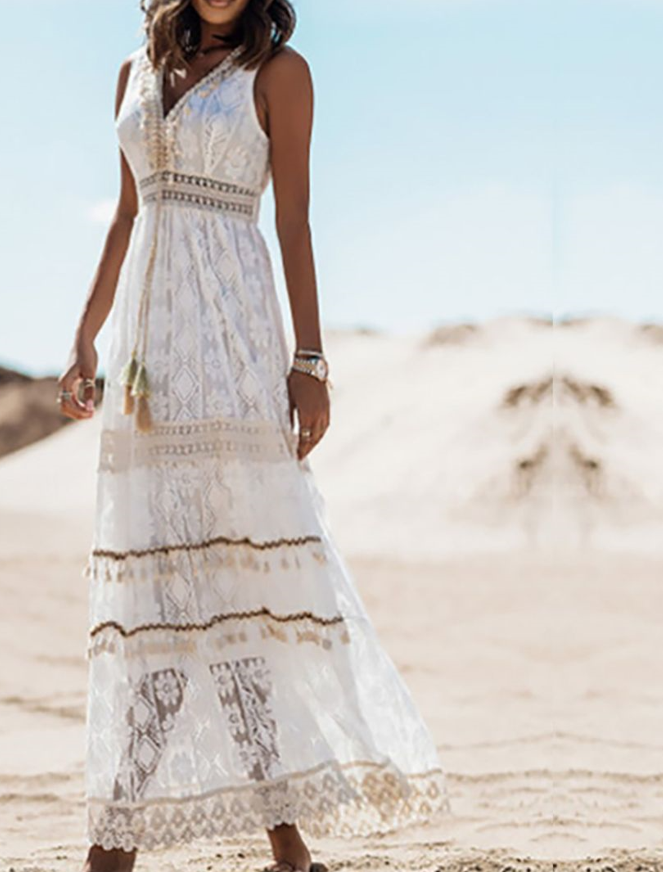 Crochet Lace V-Neck Lace Up Tassel Detail Tiered Boho Maxi Dress