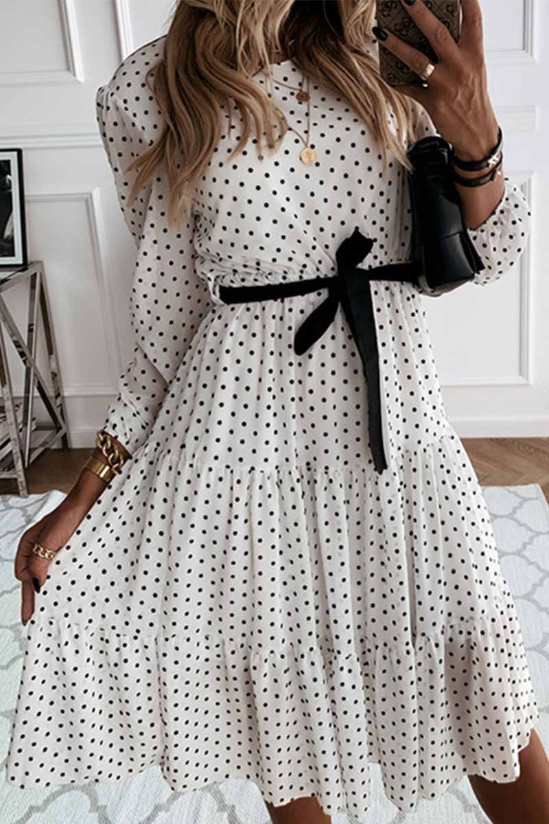 Polka Dot Round Neck Puff Sleeve Tie Belt Tiered Midi Dress