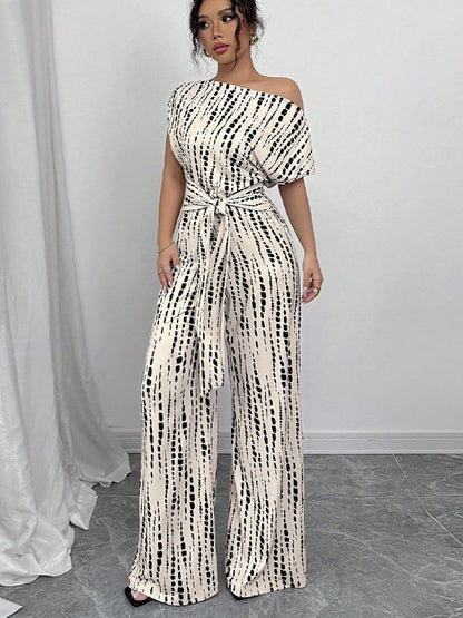 One-shoulder Tie-up Jumpsuit With Wide Legs