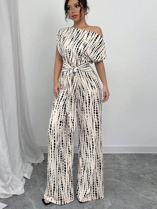 One-shoulder Tie-up Jumpsuit With Wide Legs