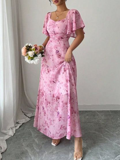 Butterfly Print Lotus Leaf Sleeves Pleated Slim Fit Maxi Dresses