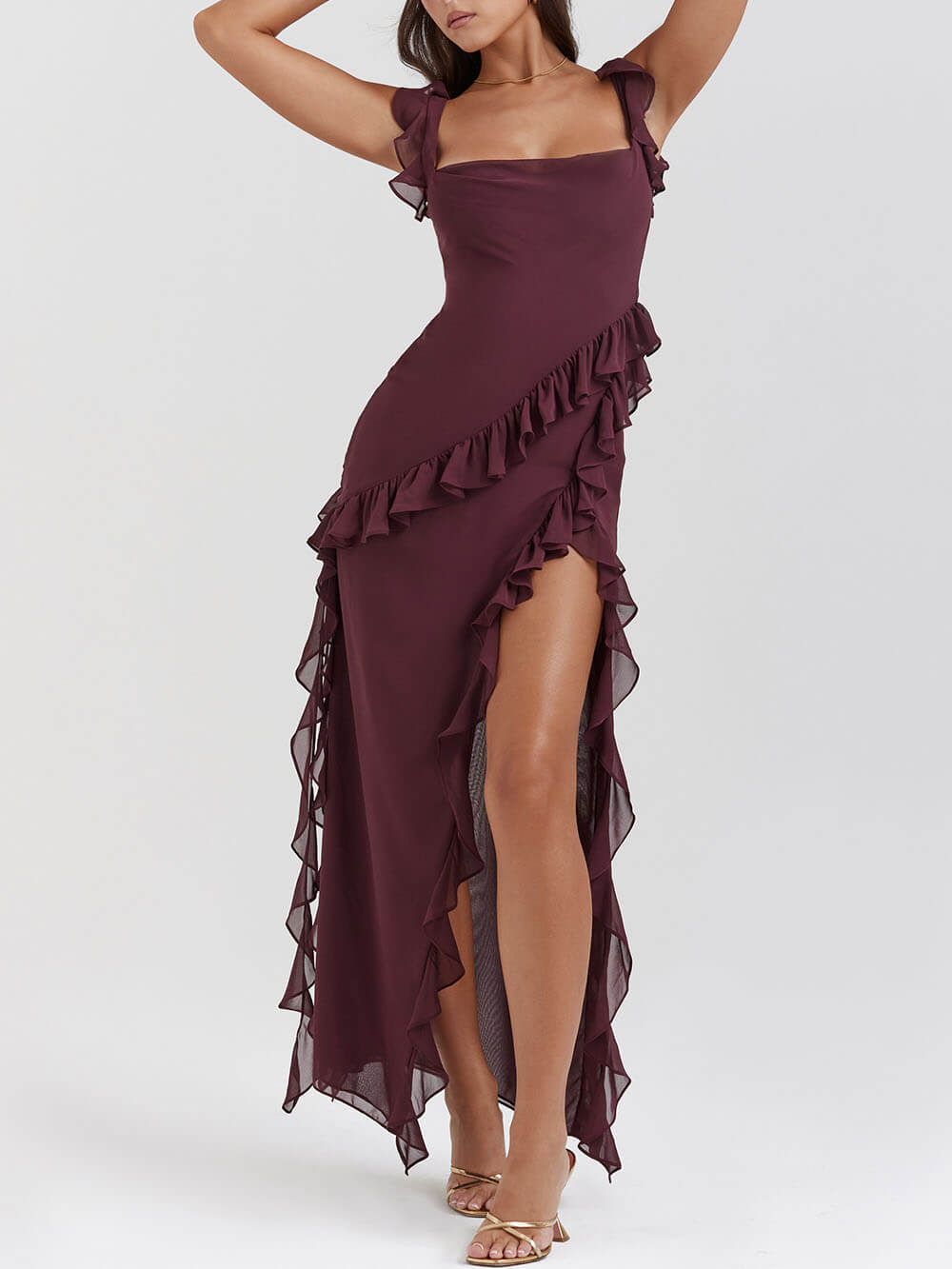 Square Neck Ruffle Strap Cascading Ruffle High Split Maxi Gown