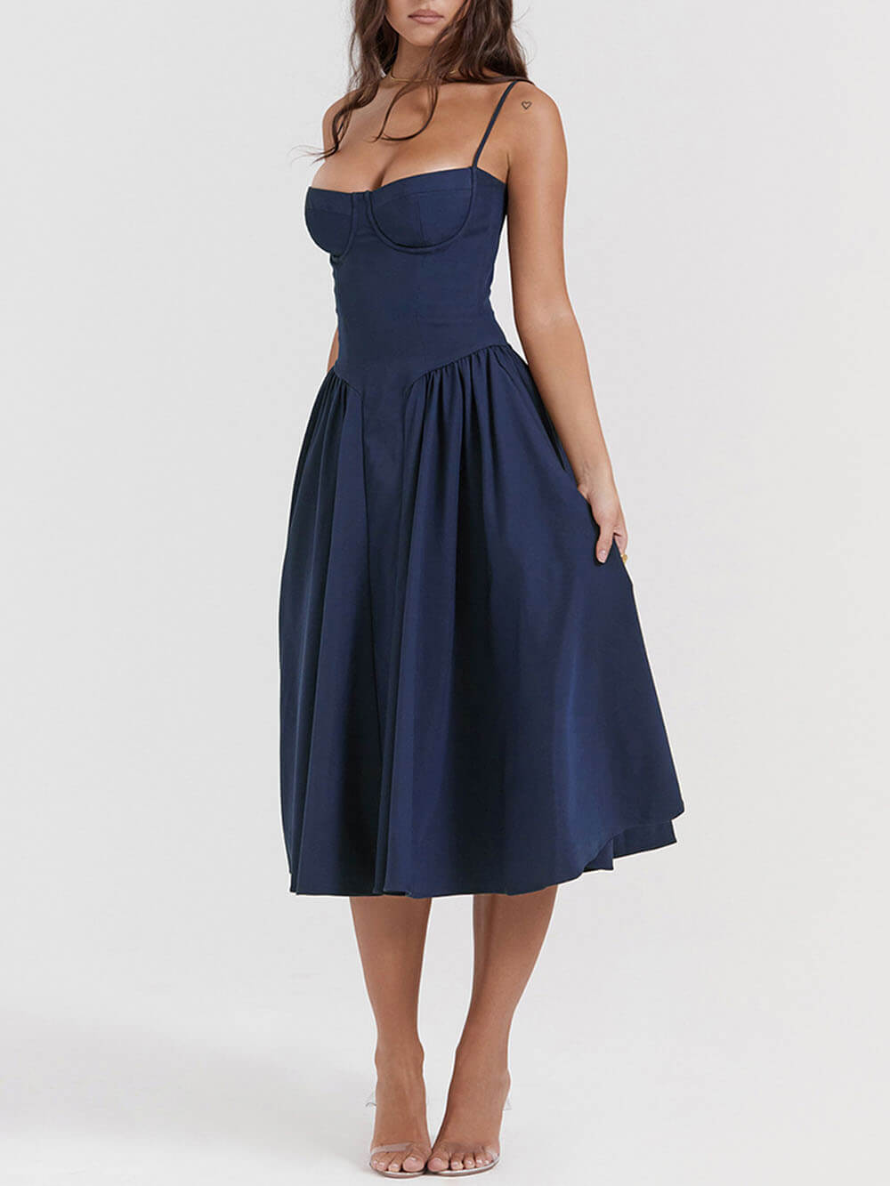 Sweetheart Bustier Spaghetti Strap Dropped Waist Pleated Pocket Midi Dress