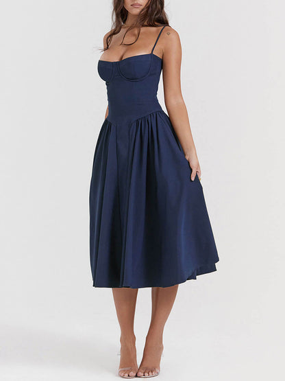Sweetheart Bustier Spaghetti Strap Dropped Waist Pleated Pocket Midi Dress
