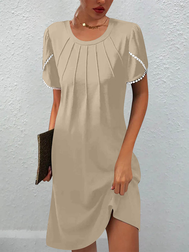 Round Neck Pintuck Pleated Flutter Sleeve Mini Dress