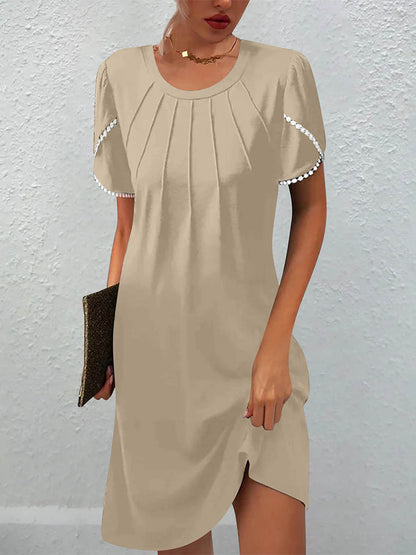 Round Neck Pintuck Pleated Flutter Sleeve Mini Dress
