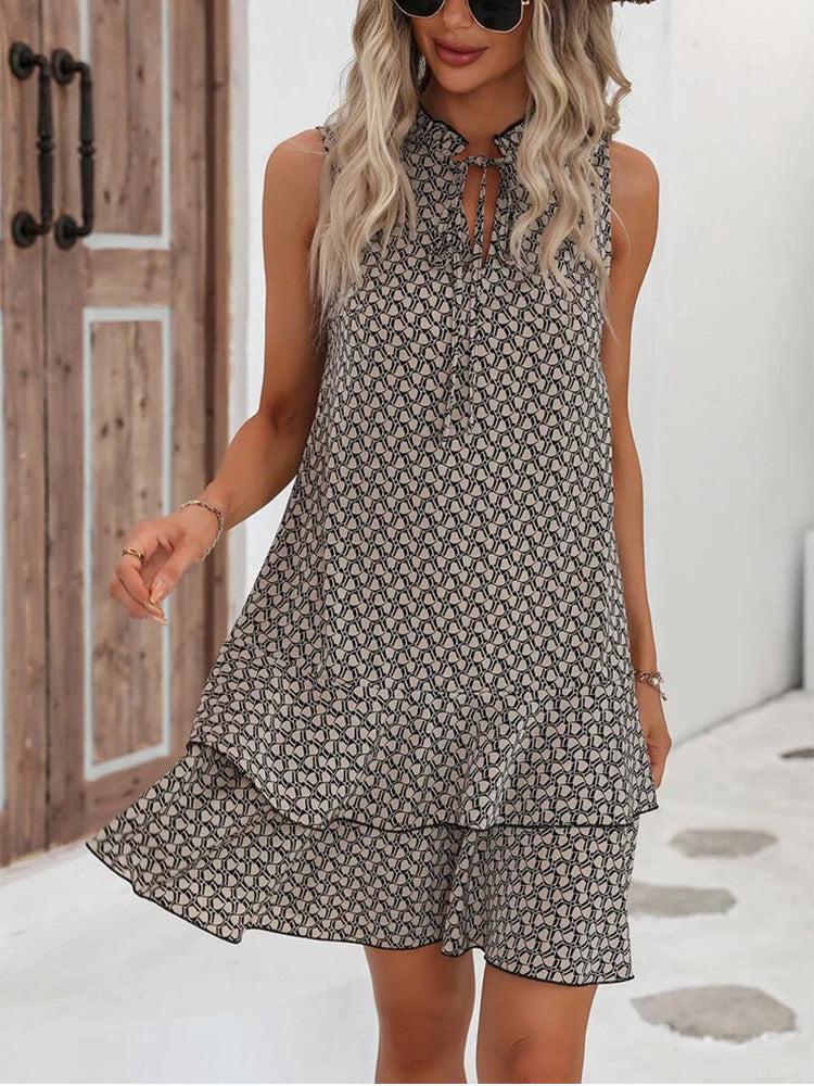 Sleeveless Keyhole Tie Neck Ruffle Tier Geometric Print Mini Dress