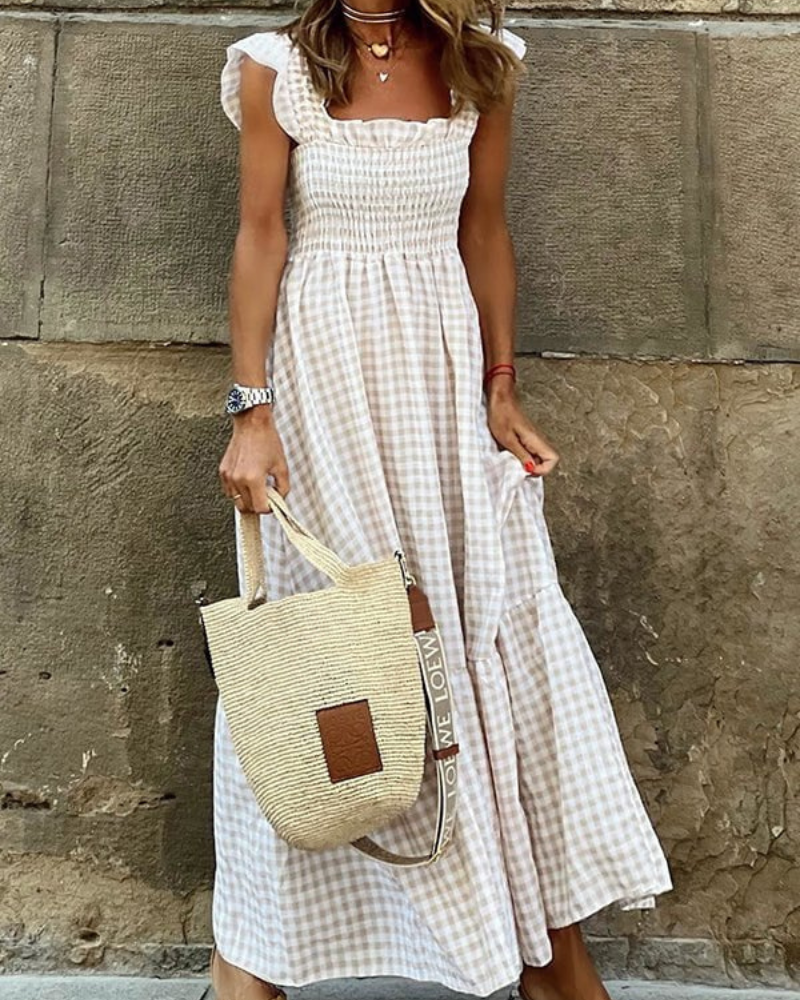 Gingham Smocked Square Neck Flutter Sleeve Tiered Maxi Dress